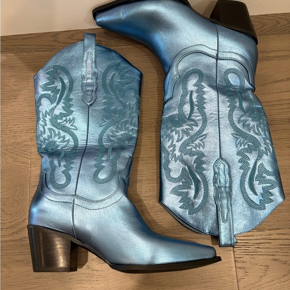 Blue Metallic Cowgirl Western Cowboy Chunky Heeled Boots Size 9 - Picture 10 of 12